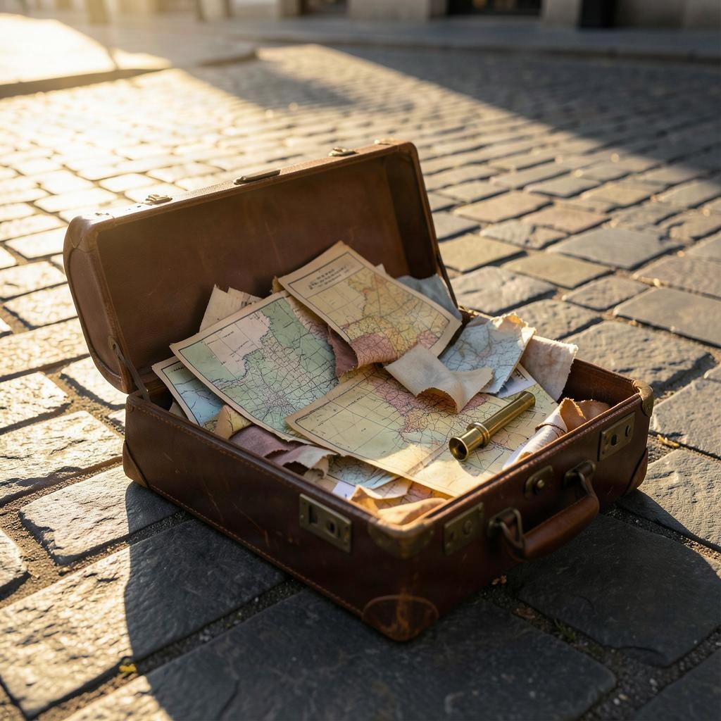 After Twenty-Seven Years cover: an open suitcase with maps in warm sunlight